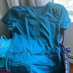 Healing Hands Dark Teal Scrub Top with Purple Trim